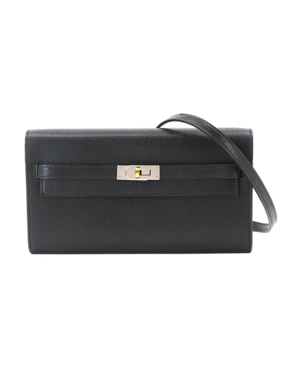 Hermes Kelly to Go Shoulder Wallet Bifold Chevre Chamkila Black